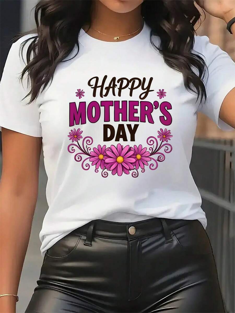 Camiseta de manga corta de las mujeres halagadora Slim Fit Tee moda - Día de la Madre patrón floral impreso Heartfelt bendición diseño máquina lavable fácil coincidencia cómodo casual cuello redondo superior Premium adecuado para todas las estaciones Mul