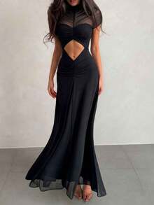 Abito lungo aderente da donna alla moda, elegante abito nero da cocktail sexy e trasparente con dettagli traforati, adatto per l'estate - nero - Visualizzare 3
