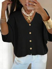 Women's Solid Color V-Neck Short Sleeve Domino Sleeve Front Button Loose Knit Cardigan, Casual Elegant Vacation Beach Party Outing Top Black - Black - View 6