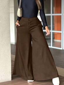 Pantalones anchos y sueltos de unicolor y casual para mujer, elegantes y minimalistas, de color negro para la primavera - Café integral - Ver 4