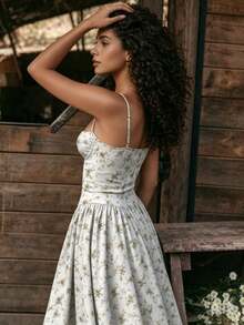 2026 Spring New Women's Clothing: Cross-Border European And American Dress, Elegant French Retro Waist-Cinching Strap Dress - 綠色碎花 - 查看 2