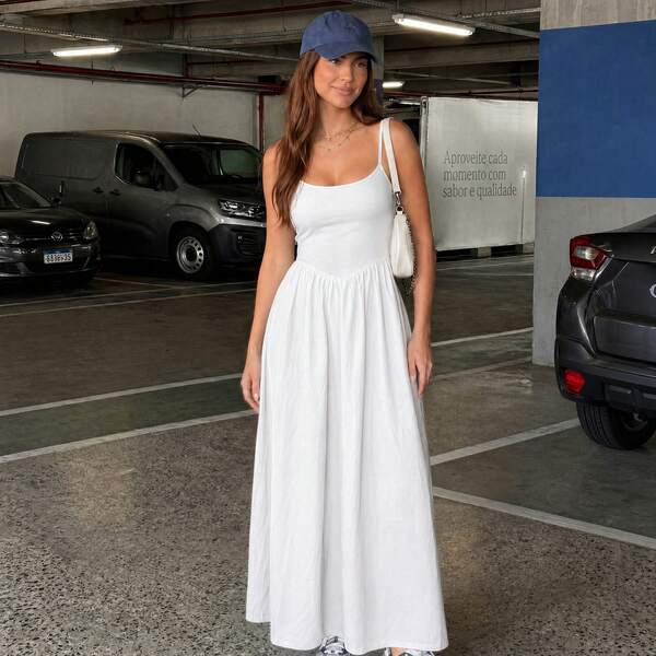 Vestido Casual Feminino de Cor Sólida com Alças Finas, Adequado para Casamento Branco Elegante de Verão
