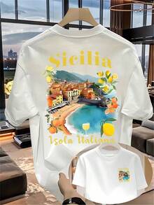 T-shirt d'été pour homme, imprimé artistique personnalisé avec une illustration de la ville sicilienne des citrons. Style décontracté et tendance, manches courtes, coupe ajustée et confortable, idéal pour les trajets quotidiens. Finitions soignées. Boutique pour homme, style couple, cadeau idéal pour les fêtes. T-shirt en coton, inspiration années 2000. - Blanc - Voir 1