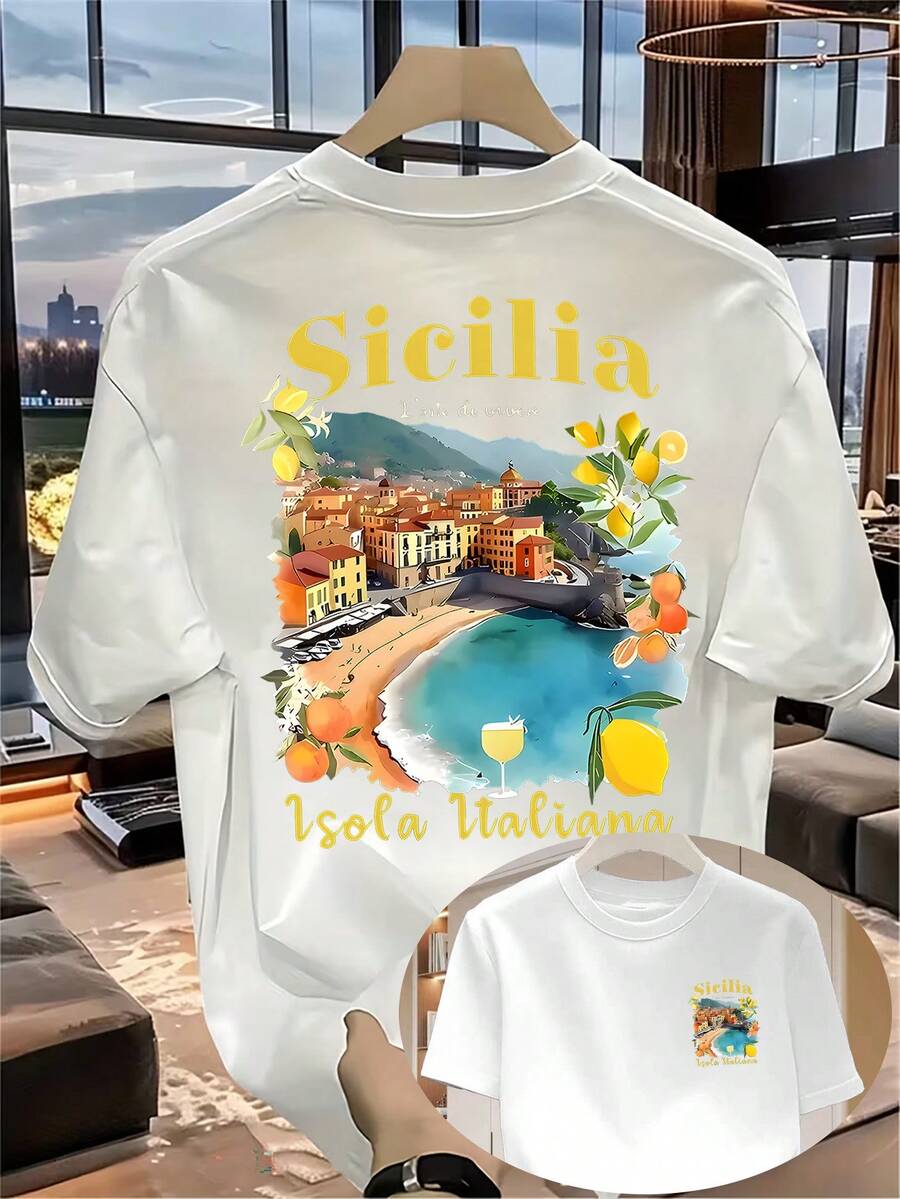 T-shirt d'été pour homme, imprimé artistique personnalisé avec une illustration de la ville sicilienne des citrons. Style décontracté et tendance, manches courtes, coupe ajustée et confortable, idéal pour les trajets quotidiens. Finitions soignées. Boutique pour homme, style couple, cadeau idéal pour les fêtes. T-shirt en coton, inspiration années 2000. - Blanc - Voir 1