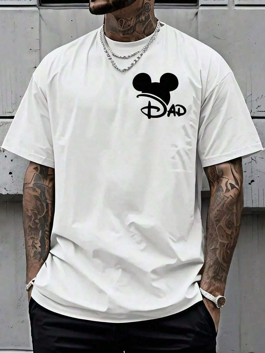 Disney License T Shirts, Men's Oversized Casual Crew Neck Disney Mickey Mouse Dad Silhouette Minimalist Cartoon Print Short Sleeve T-Shirt, Father's Day Retro Graphic Tee For Summer Daily Wear,Men Clothes,Summer Clothes,White Shirt,Father's Day Clothing,Vintage T Shirts,Graphic T Shirts,100 Percent Cotton,Graphic Tee,Graphic Tees,Funny Graphic Tees,, Gifts For Family And Friends - White - View 1