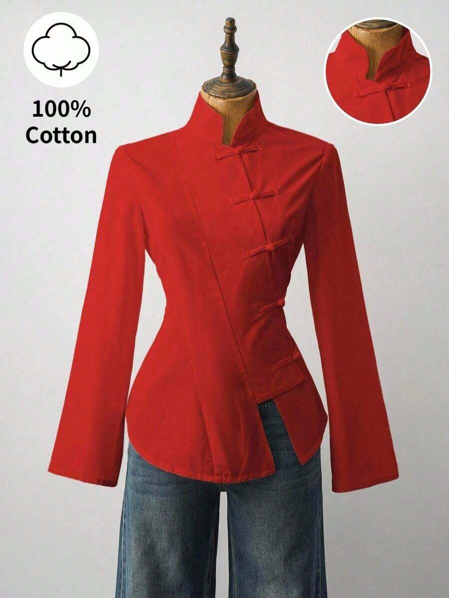 Blazer para mujer con diseño de inspiración oriental, corte ajustado, detalles de botones de nudo tradicionales y tejido suave, color negro y estilo chic retro, perfecto para looks semi-formales, eventos culturales, reuniones informales y combinaciones elegantes con ropa de calle - Rojo - Ver 1