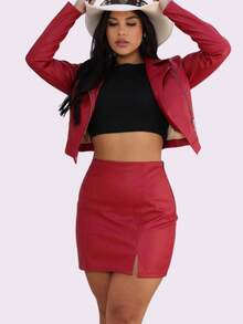 Women's Luxury Faux Leather Biker Jacket With Zipper - Marsala 02 - View 2
