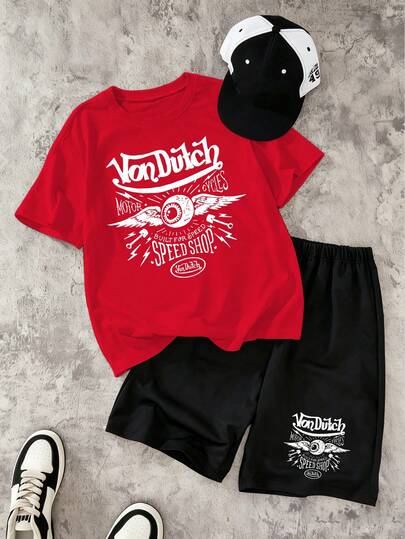 Boy's Short Sleeved Shorts Set 2-Piece, Spring And Autumn Style Short Sleeved T-Shirt+Shorts, Soft And Comfortable, Machine Washable, Dry Cleanable, High-Quality - Artistic Font Slogan - Printed Pattern Pullover+Pants, Hip-Hop Style, Suitable For Festivals, Back To School, Streets, Outdoor Outings