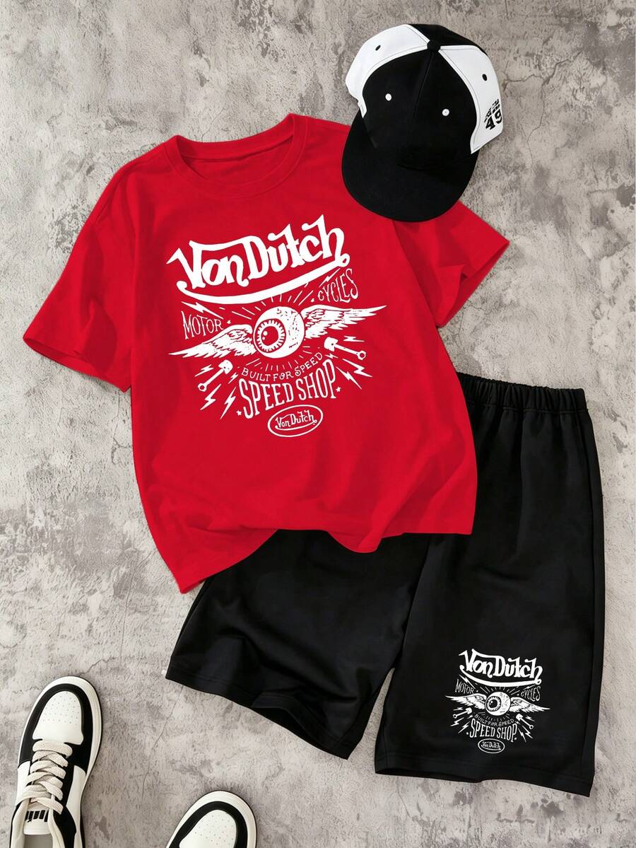 Boy's Short Sleeved Shorts Set 2-Piece, Spring And Autumn Style Short Sleeved T-Shirt+Shorts, Soft And Comfortable, Machine Washable, Dry Cleanable, High-Quality - Artistic Font Slogan - Printed Pattern Pullover+Pants, Hip-Hop Style, Suitable For Festivals, Back To School, Streets, Outdoor Outings - 紅色 - 查看 1