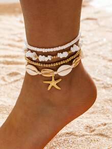 imoli 4pcs/Set Bohemian Beach Holiday Style Beaded Multilayer Starfish Anklet Set, Suitable For Women's Summer Beach Party, Jewelry Gift For Friends - 7072-4-r-g - View 3