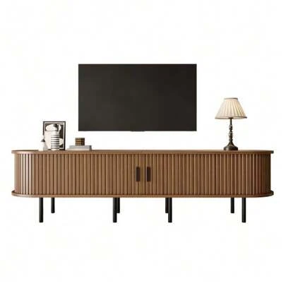 Rectangular TV Unit With Sliding Doors, 2 Open Compartments, Living Room Multimedia Equipment Cabinet, MDF Material, Metal Legs, Rounded Corners, Modern.