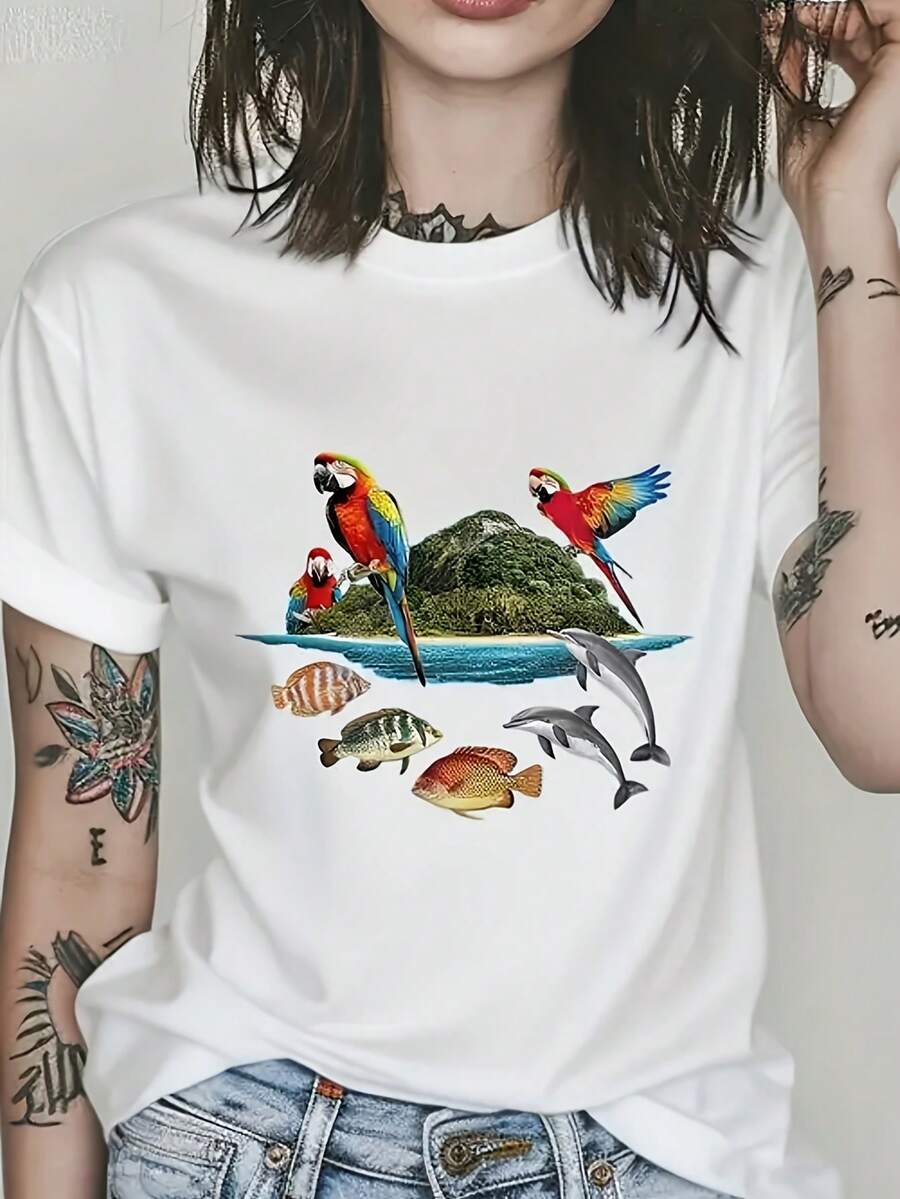 Camiseta de manga corta de cuello redondo de 1pc de las mujeres, adecuada para primavera, otoño y verano, impresión de moda y característica, estilo de playa, viajes informales, se puede usar en casa, diario, adecuada para vestir de vacaciones, regalos de vacaciones