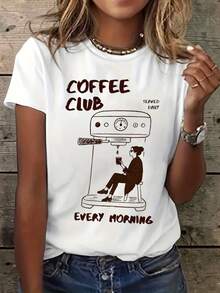 Camiseta gráfica del club de café de las mujeres cada mañana - camiseta de manga corta con cuello de tripulación con impresión con tema café, estiramiento medio adecuado para verano y primavera, ropa casual lavable en máquina para los amantes del café - Blanco - Ver 2
