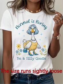 Women's Lightweight T-Shirt - Short-Sleeved Crew Neck With A Fun 'be A Silly Goose' Print, Made From Comfortable Medium-Stretch Fabric Suitable For Spring, Summer And Autumn, An Ideal Gift For Women - 白色 - 查看 1