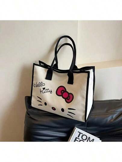  1 chiếc túi tote vải canvas Hello Kitty của Sanrio, túi xách đeo vai hoạt hình anime có khóa kéo, lớp lót vải canvas, màu trơn, thích hợp đi học, đi làm, du lịch và mua sắm.