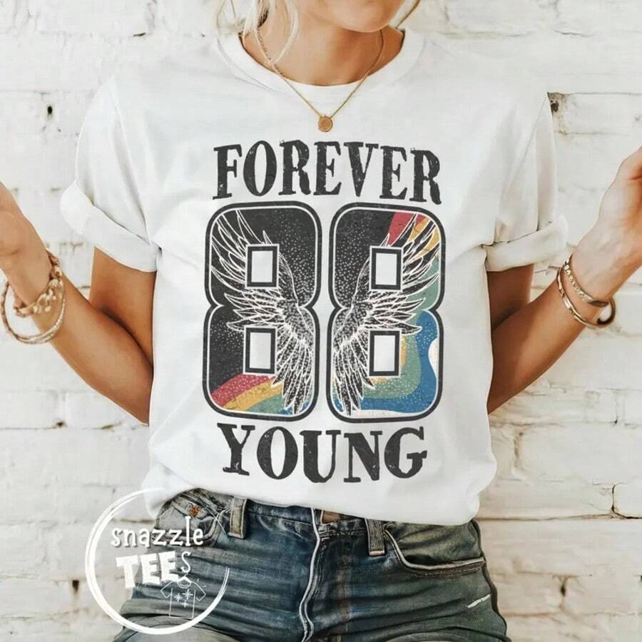 88 Forever Young, Birthday Tee, Anniversary, Birthday Gift, Reunion, Retro, Matching Shirt, Concert Tee, Vintage Shirt, Rock Vibe, Music Tee - trắng - Xem 1