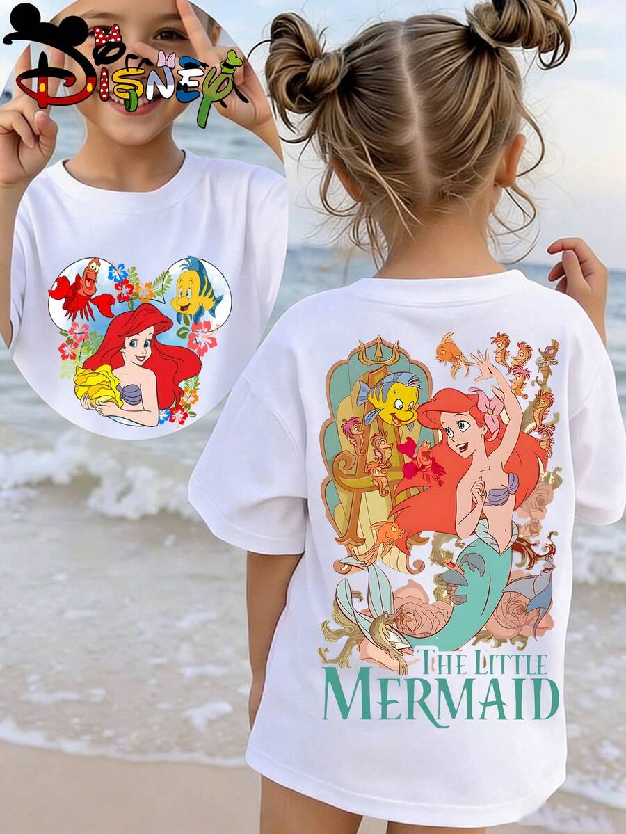 Disney Mermaid Princess Ariel Double-Sided Print Kids' T-Shirt, Cute Cartoon Casual Tee, Perfect For Daily Wear, School Activities, Family Outings And Beach Trips, Shipped From Local Warehouse - trắng - Xem 1