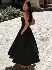 2026 Spring New Women's Clothing: Cross-Border European And American Dress, Elegant French Retro Waist-Cinching Strap Dress - 黑色 - 查看 5