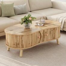 Pea-Shaped Coffee Table With Grooved Design, 2 Sliding Doors, Living Room Table, Wood Look, Solid Wood Legs, MDF Material. - Natural Color - View 4