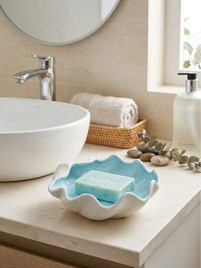 1pc Seashell Ceramic Soap Dish, White & Blue Dual-Color Bathroom Tray, Decorative Wavy Edge Soap Holder, Waterproof Storage Dish For Soap, Sponge & Small Items, Suitable For Bathroom & Kitchen Decor