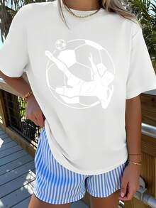 1pc Camiseta deportiva casual de cuello redondo para mujer, camiseta deportiva con estampado de silueta de gancho de fútbol, camiseta deportiva/urbana holgada de manga corta con cuello redondo. Camiseta elegante casual de manga corta, hermosa camiseta de manga corta - Blanco - Ver 2
