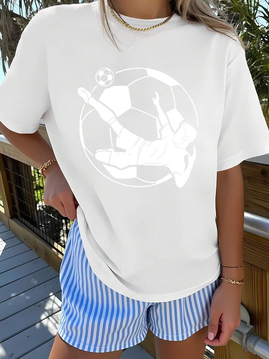 1pc Camiseta deportiva casual de cuello redondo para mujer, camiseta deportiva con estampado de silueta de gancho de fútbol, camiseta deportiva/urbana holgada de manga corta con cuello redondo. Camiseta elegante casual de manga corta, hermosa camiseta de manga corta