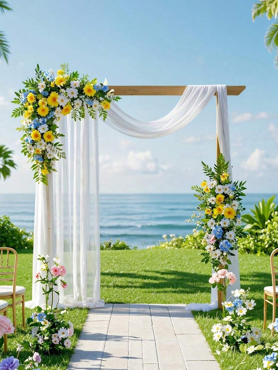 28in X 19ft Wedding Arch Decor Fabric, Chiffon Sheer Curtain, 2pcs White Voile Drapes For Wedding Ceremony Decor, Birthday Party Ceiling Backdrop - View 1