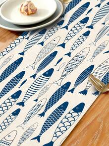 1pc Mediterranean Blue & White Fish Pattern Linen Table Runner, Suitable For Holidays, Parties, Birthdays, Dinners, Kitchen & Dining Room Decor, Shoe Cabinet Cover, All Season Home Decor & Textile - Multicolor - View 7