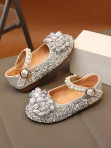1 Pair 2026 New Fashion Versatile Pink Girl's Pearl & Rhinestone Cute Flat Shoes, Round Toe, Suitable For Daily Wear, Dancing, Outdoor In Spring & Autumn, Glitter Decor Closed Toe Princess Shoes, Run Small By Half Size - Silver - View 8