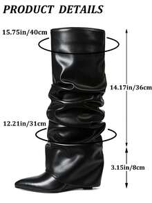 Winter Boots Women Slouched Ruched Fold Over Boots Covered Wedge Block Heel Knee High Punk Gothic Fashion Luxury Shark Shoes For Woman - 黑色 - 查看 6