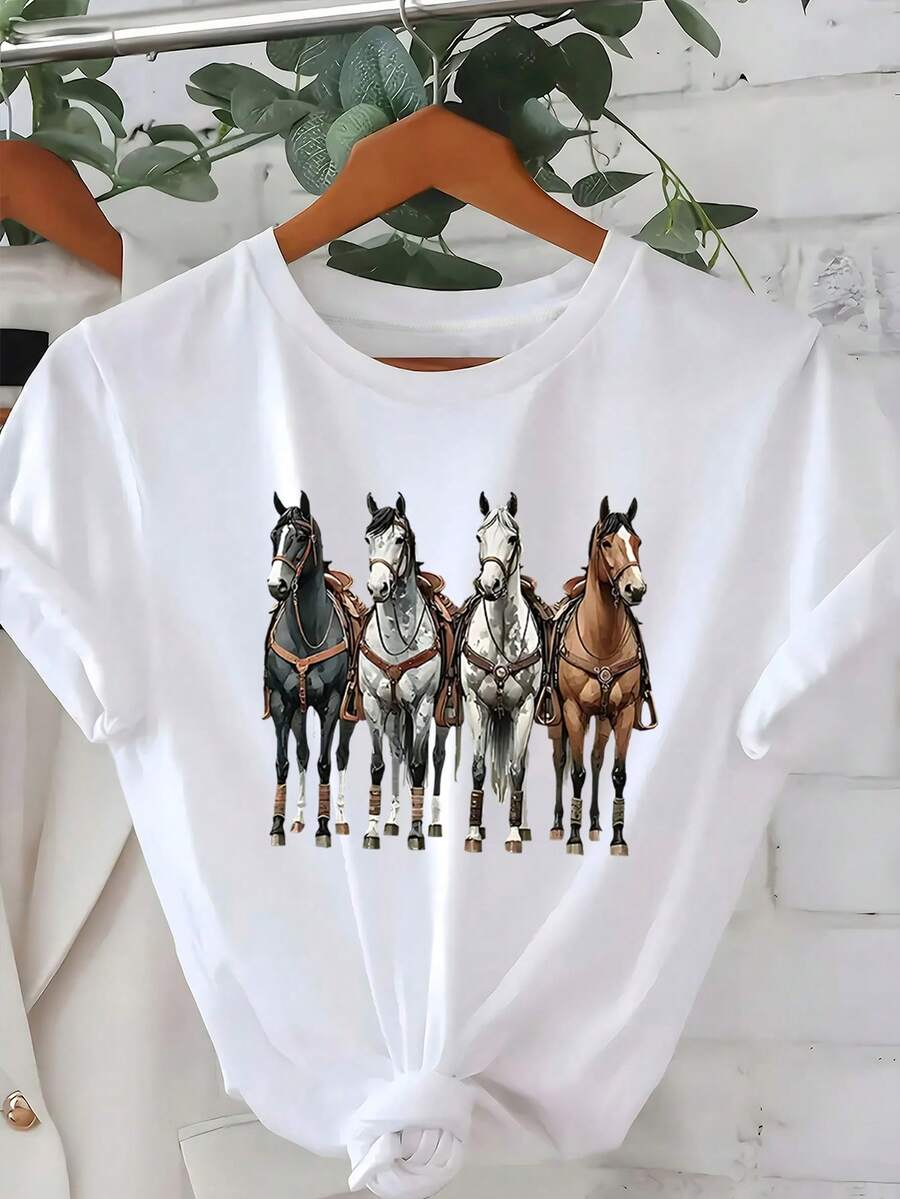 Women's White Horse Print T-Shirt - Horse And Horse Lover Gift, Machine Washable Crew Neck Short Sleeve, All Season Comfort, Casual Wear Horse Print Shirt Durable Fabric - 白色 - 查看 1