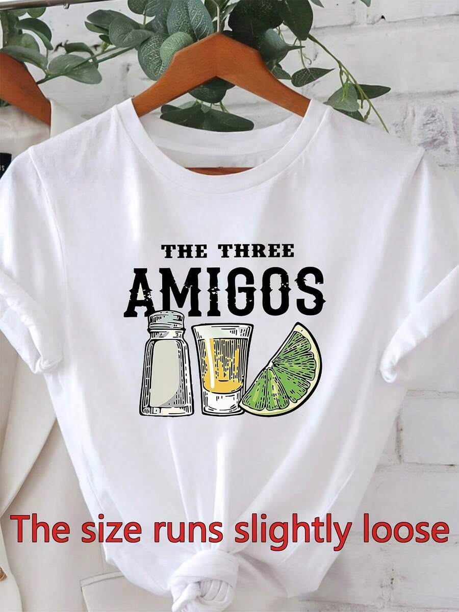 Camiseta de mujer con estampado gráfico de los tres amigos Casual crew top, tejido elástico medio, ideal para primavera verano, perfecto para uso diario, compras, fiestas y va