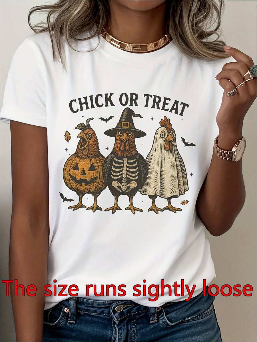 Camiseta con estampado de disfraz de pollo blanco y bruja de mujer | Camiseta de cuello de tripulación de manga corta con pollos, pollos y pollitos de momia para Halloween, primavera, verano, otoño