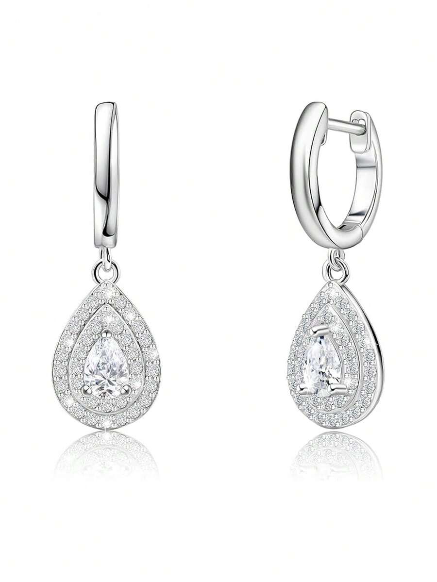 Bông tai bạc 925, mặt dây chuyền hình giọt nước đính đá Cubic Zirconia thanh lịch, thích hợp đeo hàng ngày, quà tặng sinh nhật. - Bạc - Xem 1