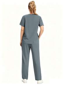 Women's Scrub Set With Pockets. Durable V-Neck Top Paired With Cargo Pants Fall - Grey - View 5