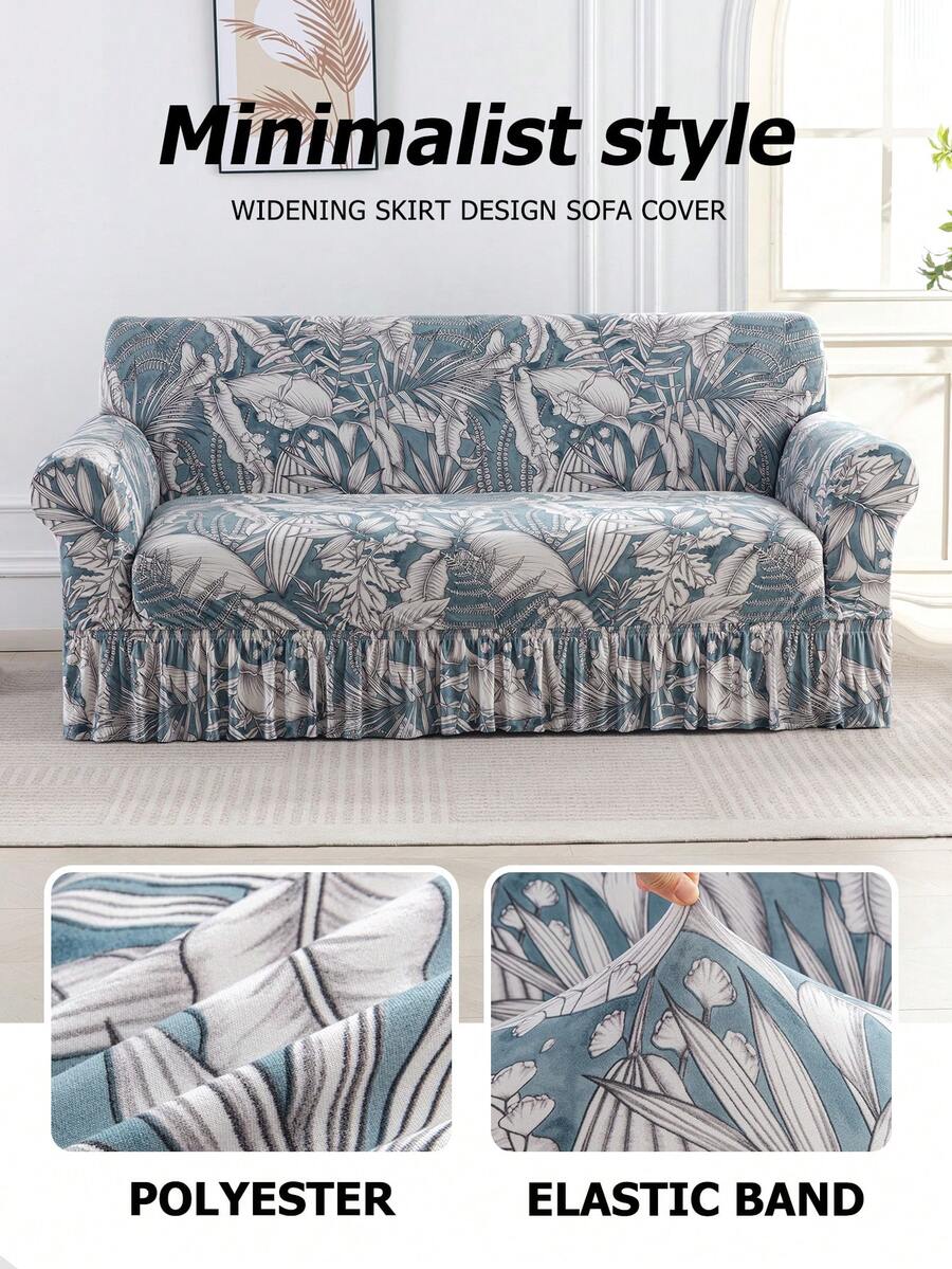 1pc Printed Ruffled Elastic Sofa Cover, Dust-Proof And Dirt-Resistant, Stretch-To-Fit Full Coverage Sofa Protector, Home Decor, Machine Washable - Gray Blue - View 1