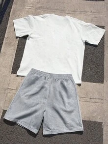2pcs/Set Teen Boy Loose Street Cartoon Funny Graffiti USA Gray Portrait Graphic Print T-Shirt And Short Set, Suitable For Teenage Boys Streetwear - 白色 - 查看 2