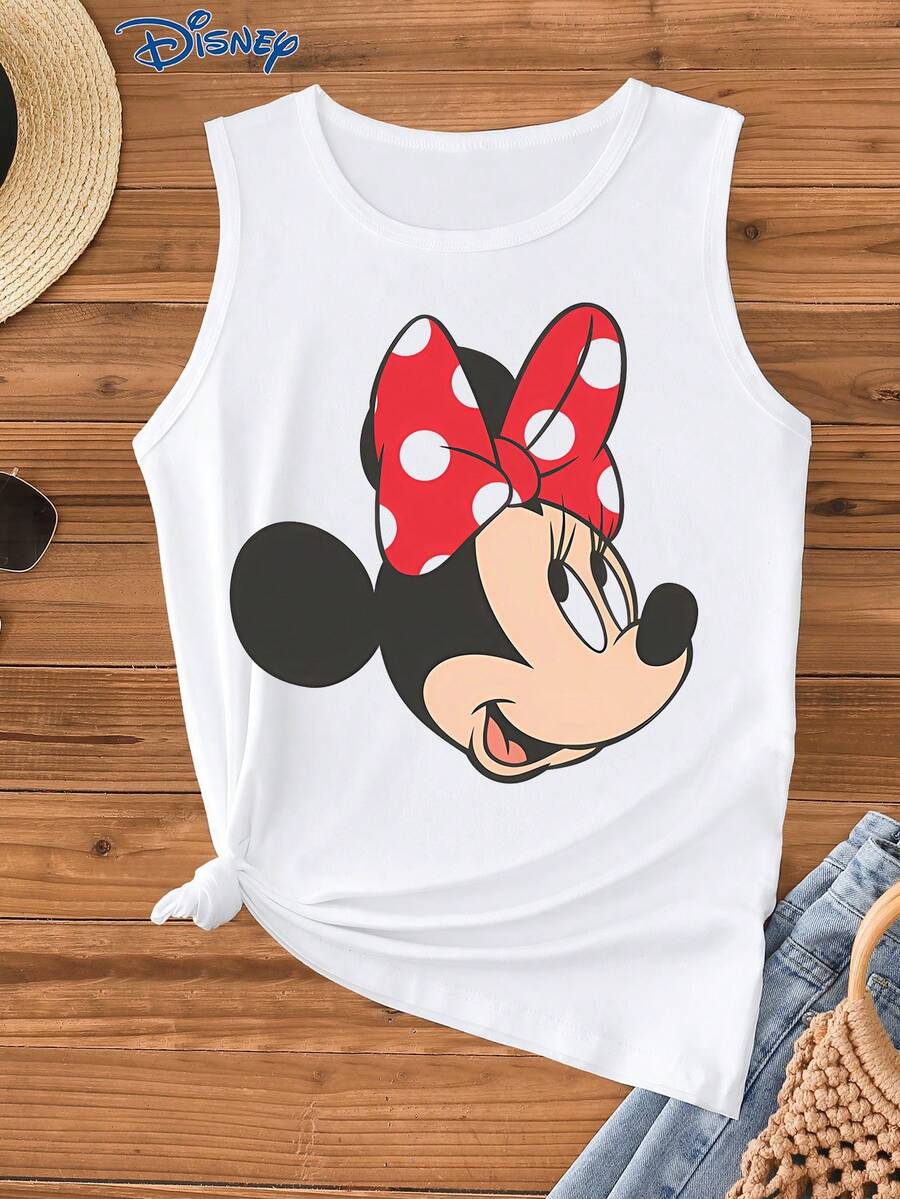 Disney 1件女士迪士尼米妮印花吊带背心，时尚女士背心，圆领略带弹性，适合日常穿着，易打理面料，休闲女士无袖上衣 - 白色 - 查看 1