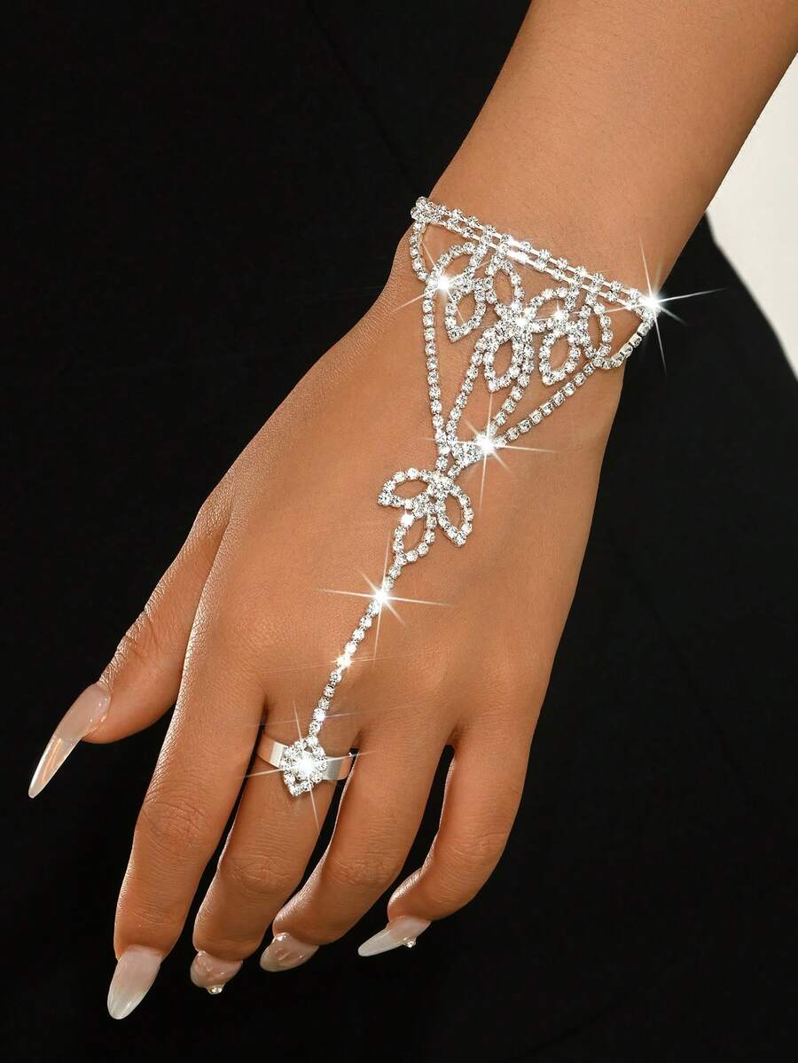 1pc Adjustable Crystal Butterfly Hand Chain Ring, Silver Plated Crystal Hand Jewelry, Shiny Bridal Hand Chain, Suitable For Weddings, Parties And Pageants - Silver - View 1