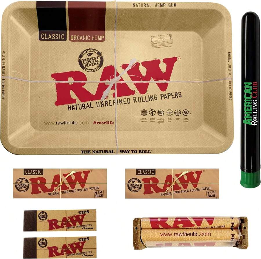 RAW Rolling Tray Combo Includes RAW Tray, RAW 1 1_4 Rolling Papers, RAW Tips, RAW 79mm Rolling Machine And American Rolling Club Tube (Mini) - Màu A - Xem 1