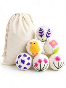 6pcs 7.5cm Embroidered Wool Dryer Balls With Storage Bag, Reusable Felt Laundry Balls In Cute Bird & Floral Patterns, Fabric Softener Alternative, Reduces Static, Wrinkles & Tangling, Speeds Drying For Towels, Bedding & Laundry - View 5