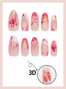 10pcs Nude Pink With Red Flower & Star Decor Shiny Full Cover False Nails, XS/S/M Size, Y2K Style For Women & Girls - Multicolor - View 3