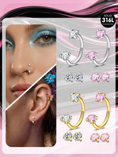 Khuyên mũi hình móng ngựa bằng thép không gỉ 316L, trang sức xỏ khuyên mũi dạng vòng, khuyên tai nửa vòng cho nữ có ren trong, khuyên tai sụn tai, khuyên tai vành tai, khuyên xỏ môi và lông mày đính đá CZ đôi với bi thay thế hình trái tim màu hồng đính đá CZ, cỡ 18G 8mm