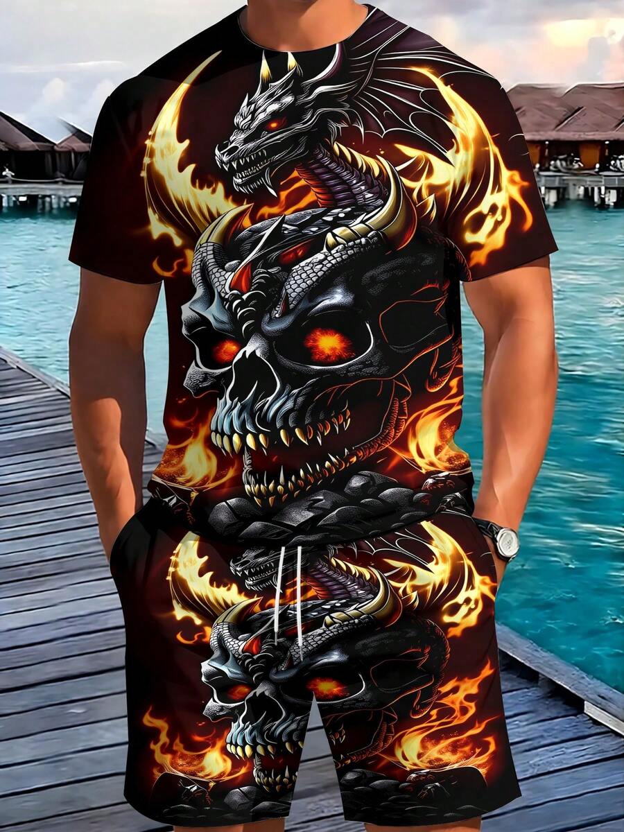 Men's Full 3D Print Shirt Set Dragon Skull Fire Flames's 2pcs Shirt Short Set - 風格 - 查看 1