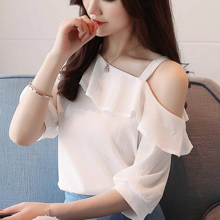 Blusa de Gasa de Manga Corta con Volantes y Un Hombro Descubierto para Mujer - BLANCO - Ver 1