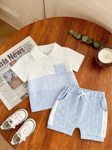Conjunto de pantalón corto y camisa de manga corta con cuello de parche para niños - Multicolor - Ver 5
