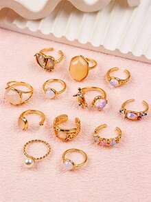 10/18件套人造石镶嵌合金女士戒指套装，优雅奢华混搭款式多件套戒指，适合派对、婚礼、日常佩戴，时尚珠宝礼品，随机搭配 - 金色 - 查看 6