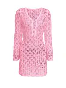 Cubrecuerpo de manga larga con cuello en V transparente de malla hueca con nudo y botón de ganchillo para mujer, vestido de punto ajustado de unicolor sexy y mini para playa, vacaciones de primavera, otoño y verano - Rosa - Ver 5