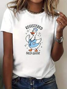 Camiseta gráfica Silly Goose registrada de las mujeres-blanco, cuello de tripulación de manga corta, top de verano y primavera casual, mezcla de cottonSpandex, desgaste casual, traje de primavera, ajuste relajado, camiseta gráfica, ajuste cómodo, mezcla elástica, top impreso, camiseta de las mujeres, joven - Blanco - Ver 2