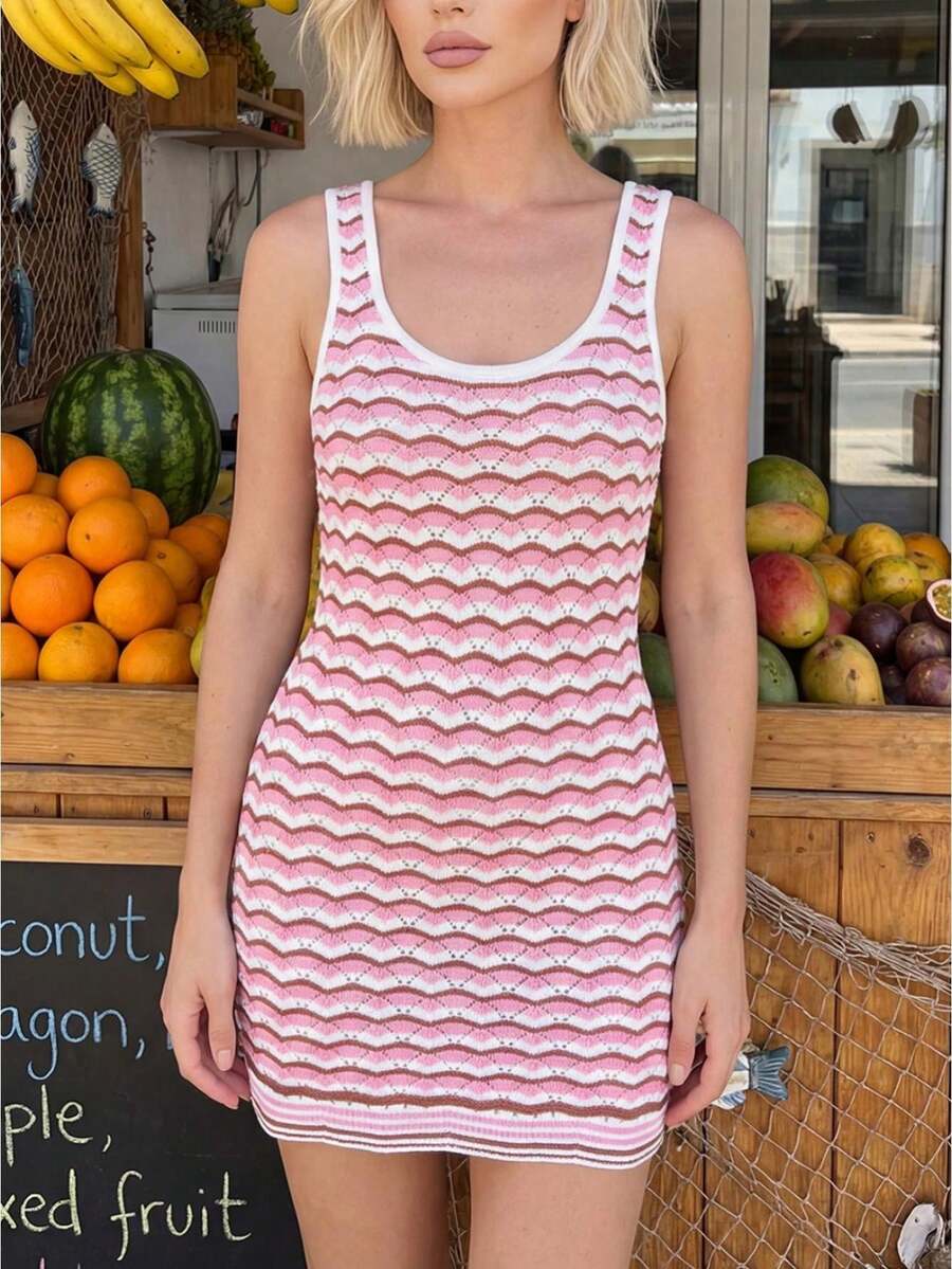 Women Tank Dress, Sleeveless Crew Neck Knit Dress Striped Summer Mini Dress Streetwear - Coffee - View 1